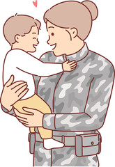 Woman soldier holds little son, who is rejoicing mother returns home after military service. Soldier girl in camouflage experiences maternal feelings and tenderness at sight of innocent child.