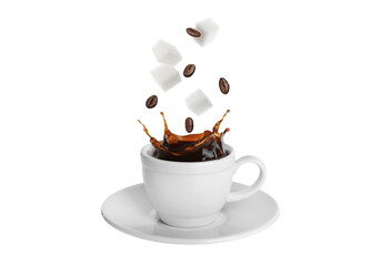 Coffee splashing in cup due to falling roasted beans and sugar cubes on white background - obrazy, fototapety, plakaty