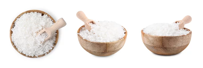 Keuken spatwand met foto Shredded coconut in bowl isolated on white, set © New Africa