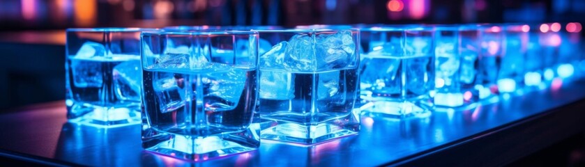 A row of shot glasses filled with vodka on the bar counter with blue lighting