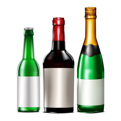 Glass bottle with blank label. Vector mockup set. Wine, champagne, water, beer, soda drink packaging mock-up