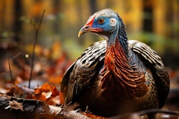 A wild turkey sits in the woods looking for food