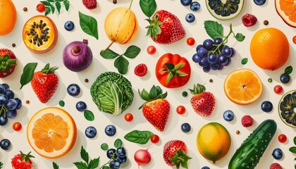 Background of vegetables, fruits and berries. Top view of organic plant products for healthy eating. Bright colorful illustration that awakens your appetite. Illustration for cover or interior design.