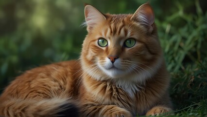 Naklejka na ściany i meble Portrait of a cat on grass with green eyes