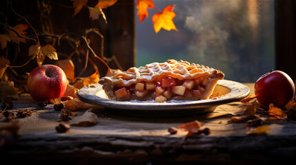 Apple pie on rustic table with autumn leaves. Homemade pastry, sweet food. Thanksgiving dessert.