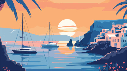 Beautiful sunset at Santorini island Greece. Yachts - obrazy, fototapety, plakaty