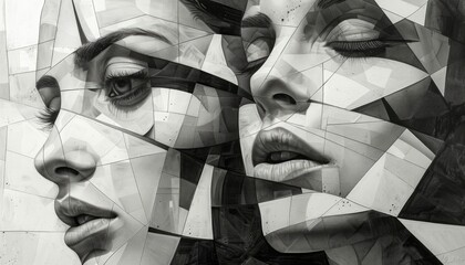 Cubist style collage of two faces cut and glued together. Abstract and artistic geometric art. Black and white image in pencil drawing style. Illustration for poster, cover, brochure or presentation. - obrazy, fototapety, plakaty