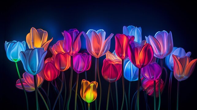 Glowing neon tulips in a dark background