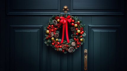 Christmas wreath hanging on door. Christmas decoration. Festive chaplet with fir tree branches, pine cones, red bow.