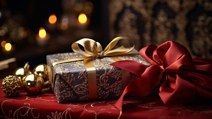 Christmas present in elegant blue wrapping paper and golden ribbon with bow. Christmas gift on table. Concept of winter holiday.