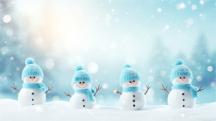 Cute snowman in hat and scarf, banner with copy space for text. Christmas background, snowy winter weather.