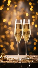 Two champagne glasses with golden confetti on a wooden table against a blurred background of golden lights.