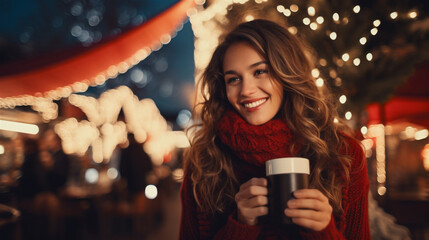 Happy smiling woman at Christmas market. Woman holding cup of mulled wine at Christmas fair. Winter holiday celebration.