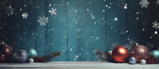 Christmas background with snowflakes, ornaments and fir tree branches. Winter banner with copy space for text.