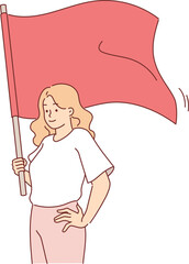 Communist woman holds red flag, advocating collectivism and class equality or strengthening trade unions. Casual communist girl smiles, calling not to remain silent and fight for rights