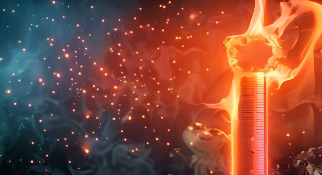 High-tech graph charting the rise in global temperatures against the backdrop of a thermometer bursting into flames,