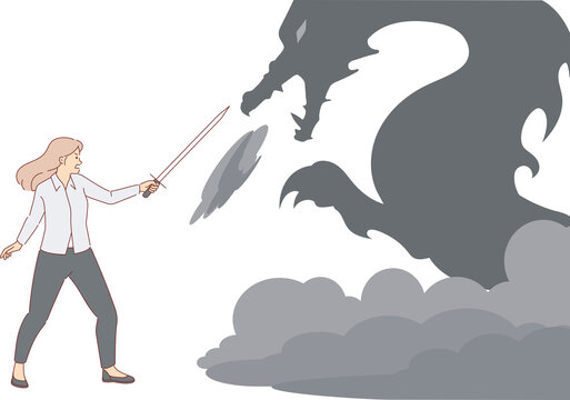 Brave business woman fights with imaginary dragon and holds sword in hand, concept resisting strong competitor. Girl company manager is heroically trying to cope with troubles created by competitor.