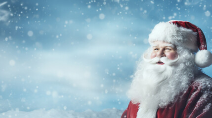 Funny Santa Claus in costume with beard and mustaches. Banner with copy space for text. Christmas holiday background.