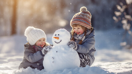 Happy kids building snowman. Cute little children playing with snow, making snowman. Sunny winter day.