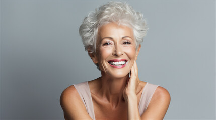 Beautiful elderly woman smiling, professional studio photography style. Senior lady with grey hair. Great for skincare commercial.