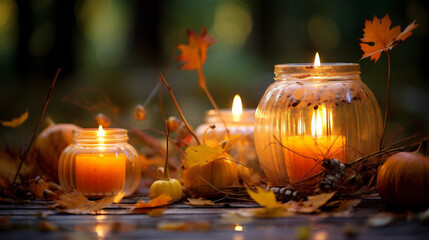 Burning candle in autumn forest. Cozy candles in jars with fall leaves background. Seasonal decoration.