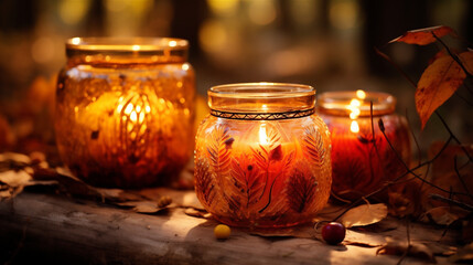 Burning candle in autumn forest. Cozy candles in jars with fall leaves background. Seasonal decoration.