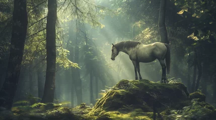 Foto op Canvas Cavalo em cima de uma rocha na floresta © Vitor