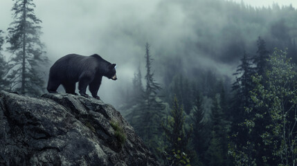 Urso negro nebuloso em cima de uma rocha na floresta - obrazy, fototapety, plakaty