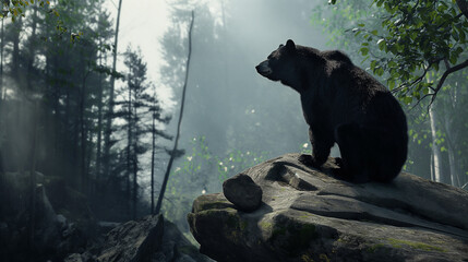 Urso negro nebuloso em cima de uma rocha na floresta - obrazy, fototapety, plakaty