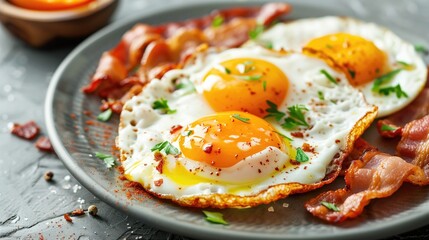 Delicious breakfast with fried eggs and bacon on a table with parsley and pepper