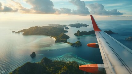airplane wing flying over tropical islands aerial view from window at golden hour travel concept photo