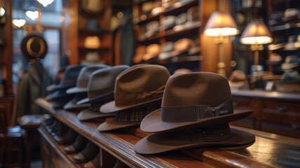 Hats on display in a vintage store.