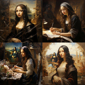 Set of 4 pictures modern style Mona Lisa portrait. Davinci Mona Lisa anime style