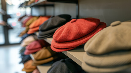 Assorted hats on a store shelf.