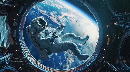 astronaut floating in space station earth visible through window realistic illustration - obrazy, fototapety, plakaty