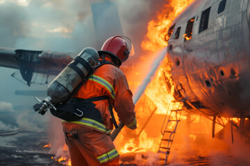 Fire fighters at work, Firefighters in action to fighting with the fire flame from airplane crash at airport. - obrazy, fototapety, plakaty