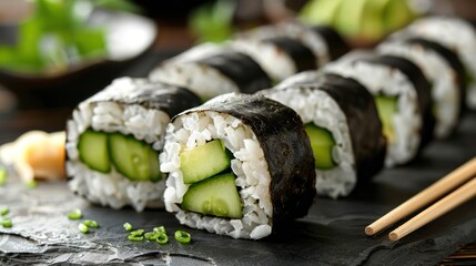 Close-up of a plate of sushi rolls with fresh cucumbers and chopsticks on the side - Powered by Adobe