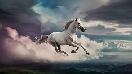 Naklejka na ściany i meble horse in the cloudy sky, beautiful white horse, AI Generative