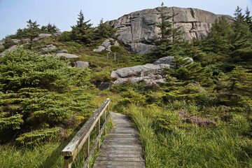 Hiking track to the lighthouse Eigeroy Fyr on the island Midbrodoya at Egersund in Norway, Europe
