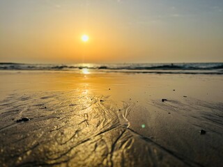 Orange sea sunset, orange sea horizon, sunshine, evening warm light