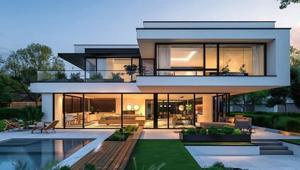  Modern house exterior design, twostory villa with large windows and white walls, black tiles on the roof, glass doors leading to an open balcony area in front of each window.