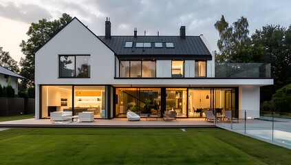  Modern house exterior design, twostory villa with large windows and white walls, black tiles on...