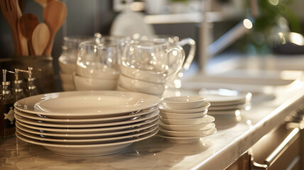 A neatly arranged set of dishes on a kitchen counter