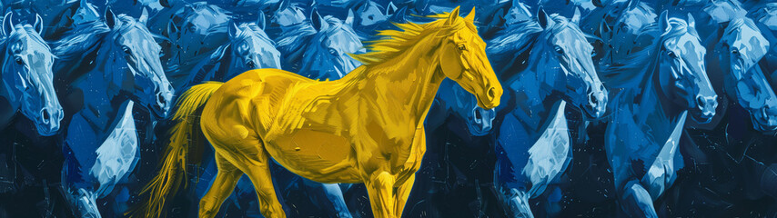 A vibrant yellow horse stands out in a crowd of identical blue horses, symbolizing individuality, uniqueness, and the courage to be different, created with generative AI technology