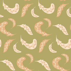 Seamless pattern with flat folk abstract feathers in muted colors. Animalistic illustration in retro boho style. Vintage nature print design for textile or wallpaper.