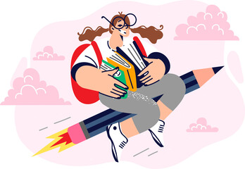 Schoolgirl with textbooks flies on pencil across sky and smiles, enjoying receiving education or new knowledge. Little girl student with backpack and books studying in elementary school.