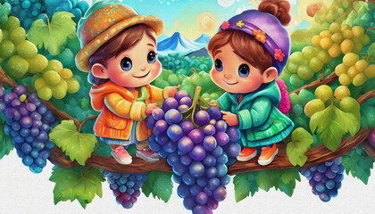 oil painting style CARTOON CHARACTER CUTE BABY Children Exploring a grapes Patch on a Chilly Autumn Day,