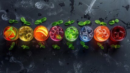 collection of colorful soda drinks in glasses mocktail or cocktail menu top view on background