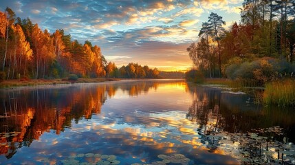 Naklejka na ściany i meble colorful autumn sunset reflected in calm river waters scenic landscape photograph