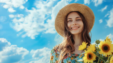 Radiant woman wearing a straw hat smiles, holding sunflowers against a blue sky backdrop